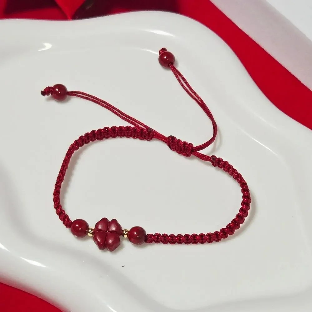 Natural Red Cinnabar Four-Leaf Clover Braided Rope Bracelet Symbolic Lucky Charm - Picture 4 of 4